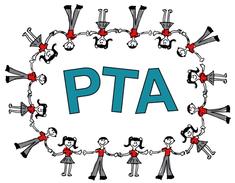 A group of clip art people all wearing red shirt standing around holding hands with PTA in the center.